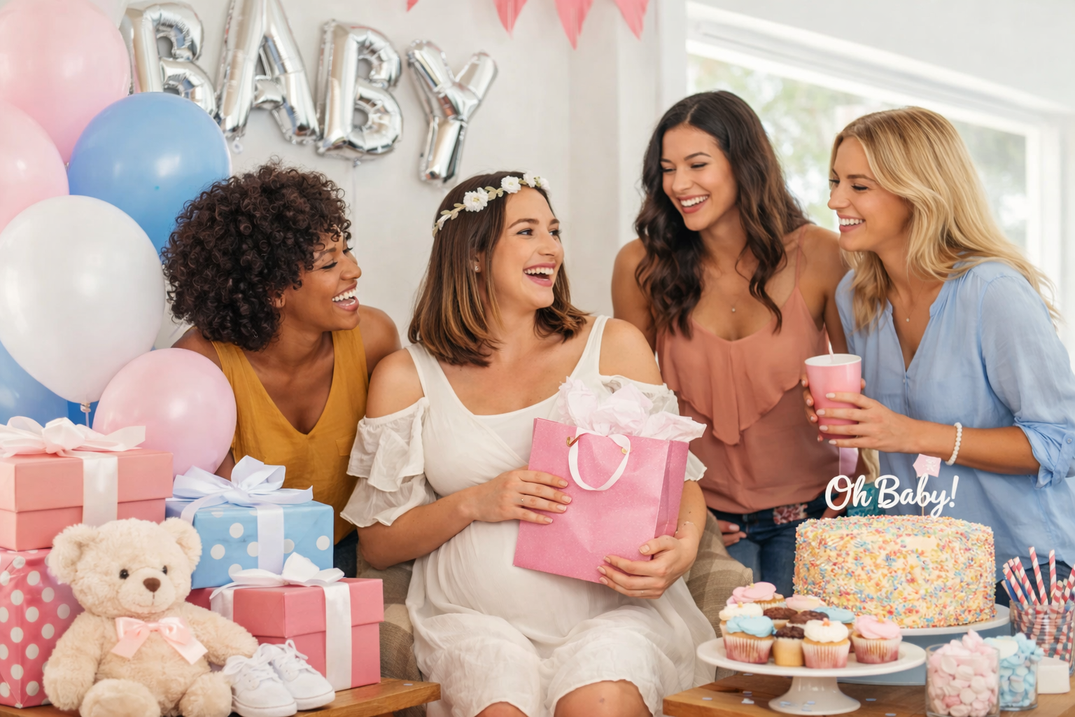 Personalisierte Geschenke zur Geburt und Babyparty. Eine werdende Mutter die von Freundlinnen an ihrer Babyparty beschenkt wird