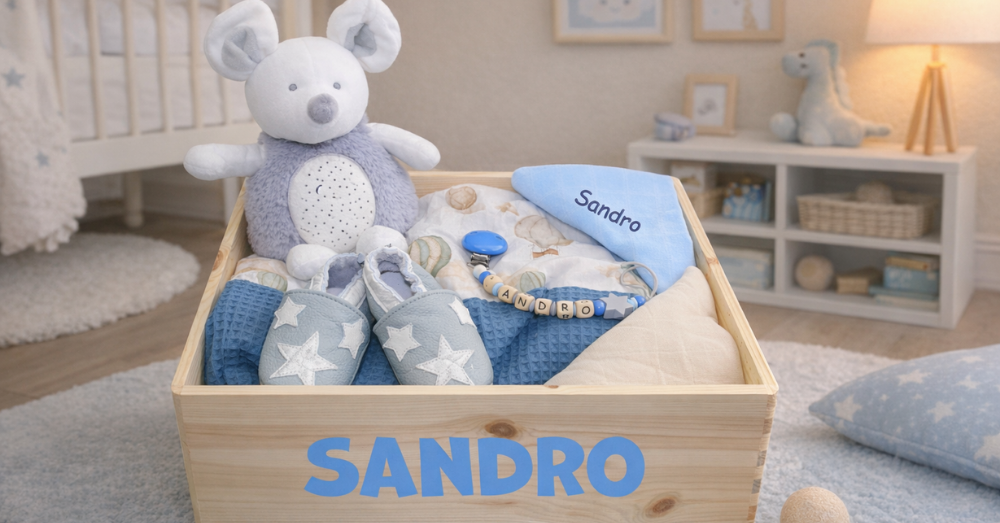 Liebevoll zusammengestellte Geschenkkiste zur Geburt eines Babys