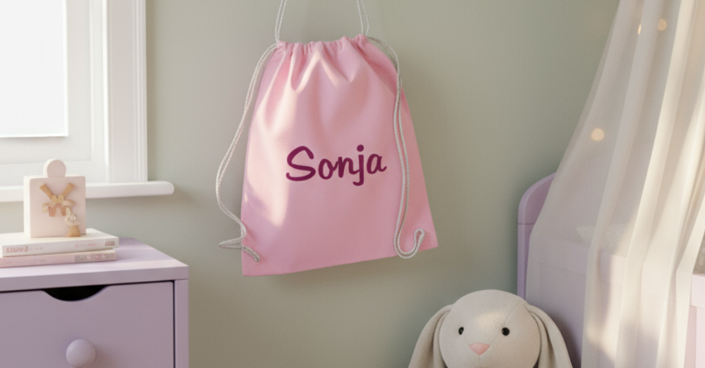 Turnbeutel in rosa mit dem Namen des Kindes personalisiert