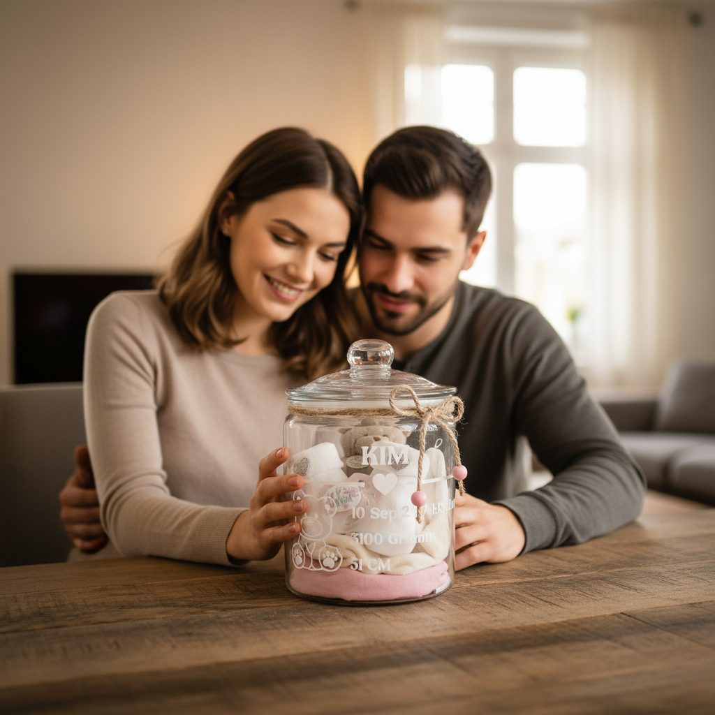 Eltern erhalten Geburtsglas als Geschenk