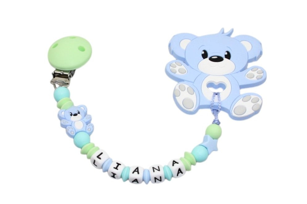 Silicone pacifier chain with name and blue teddy pendant