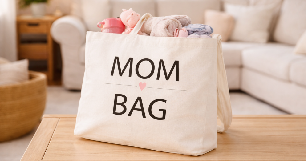 Weisse Stofftasche mit der Aufschrift „MOM BAG“ und kleinem Herz, gefüllt mit Babyaccessoires