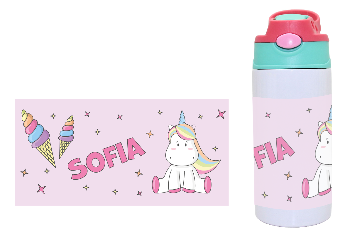 Gourde avec fermeture à clic licorne rose