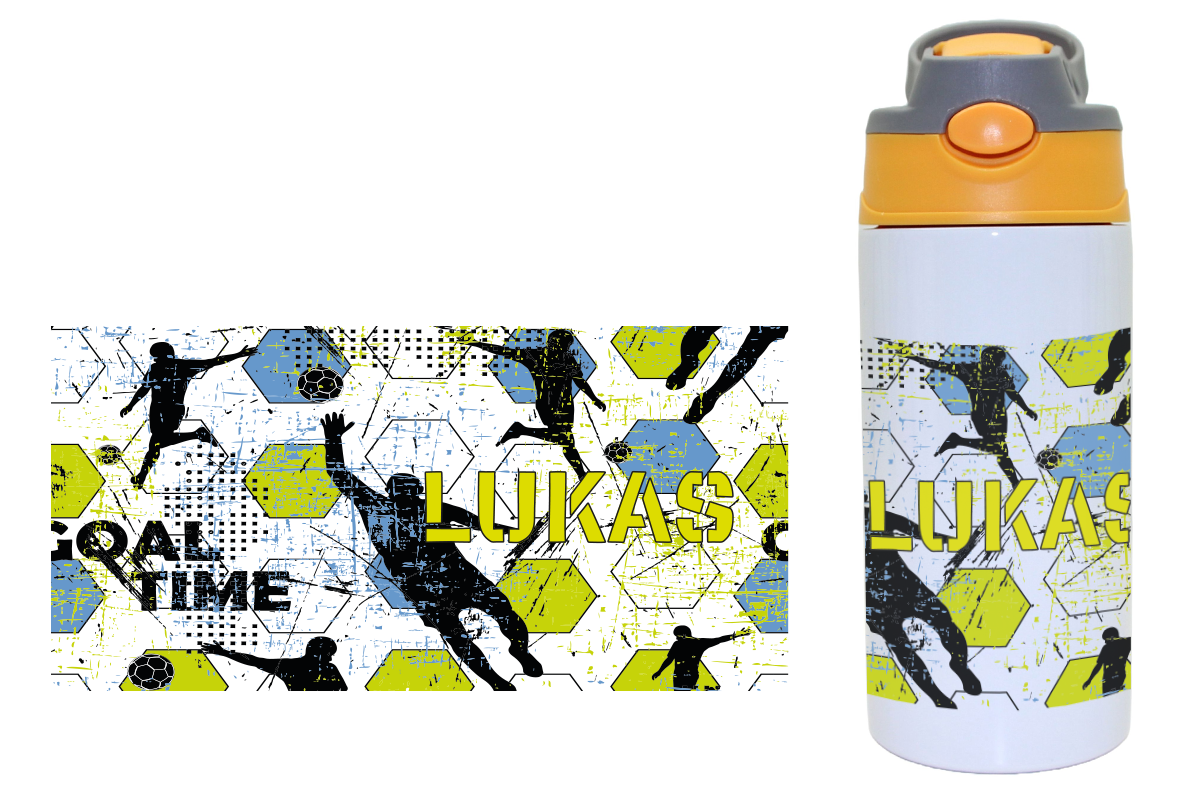 Bouteille de boisson avec le footballeur de fermeture de clics