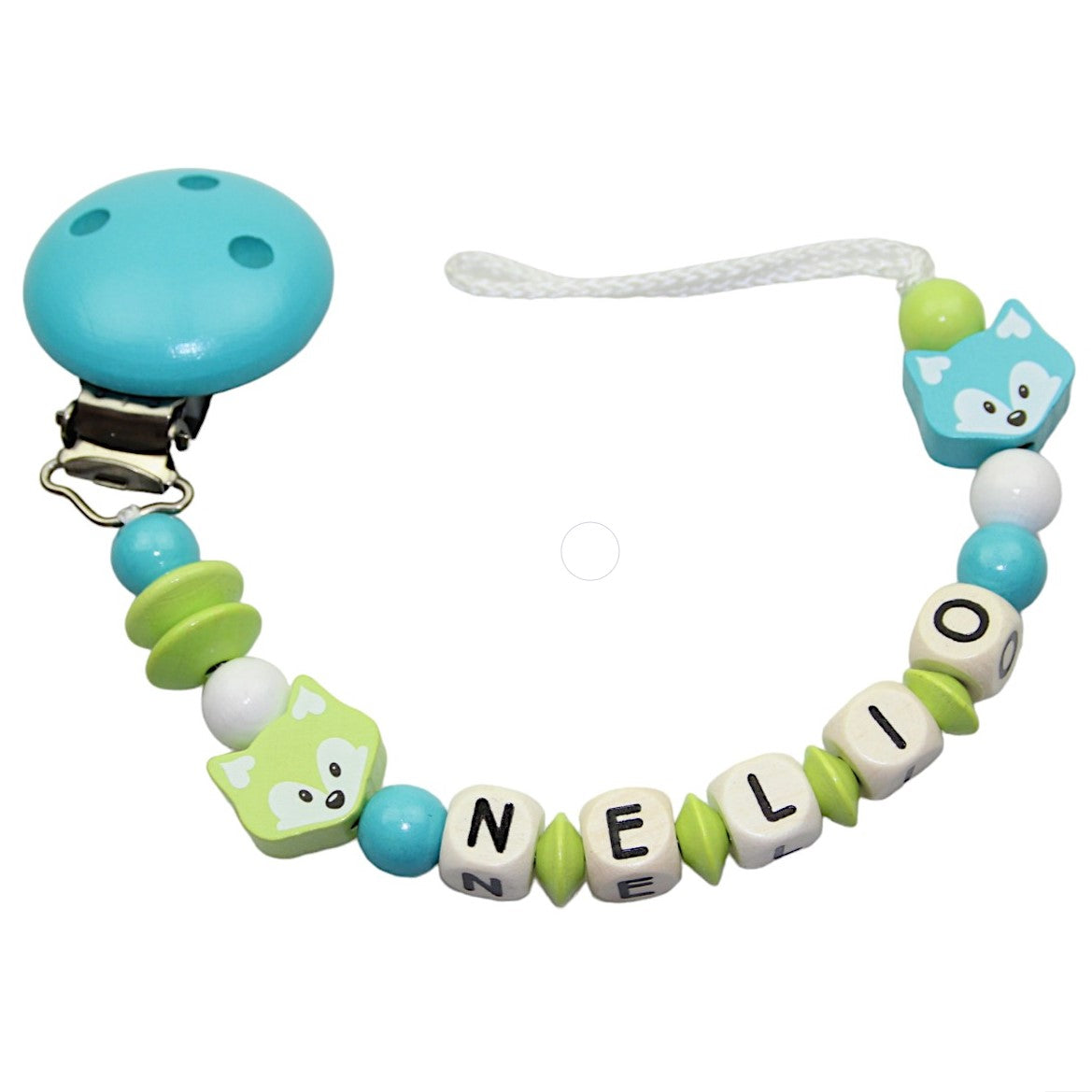 Baby pacifier chain with name fox duo lemon:turquoise