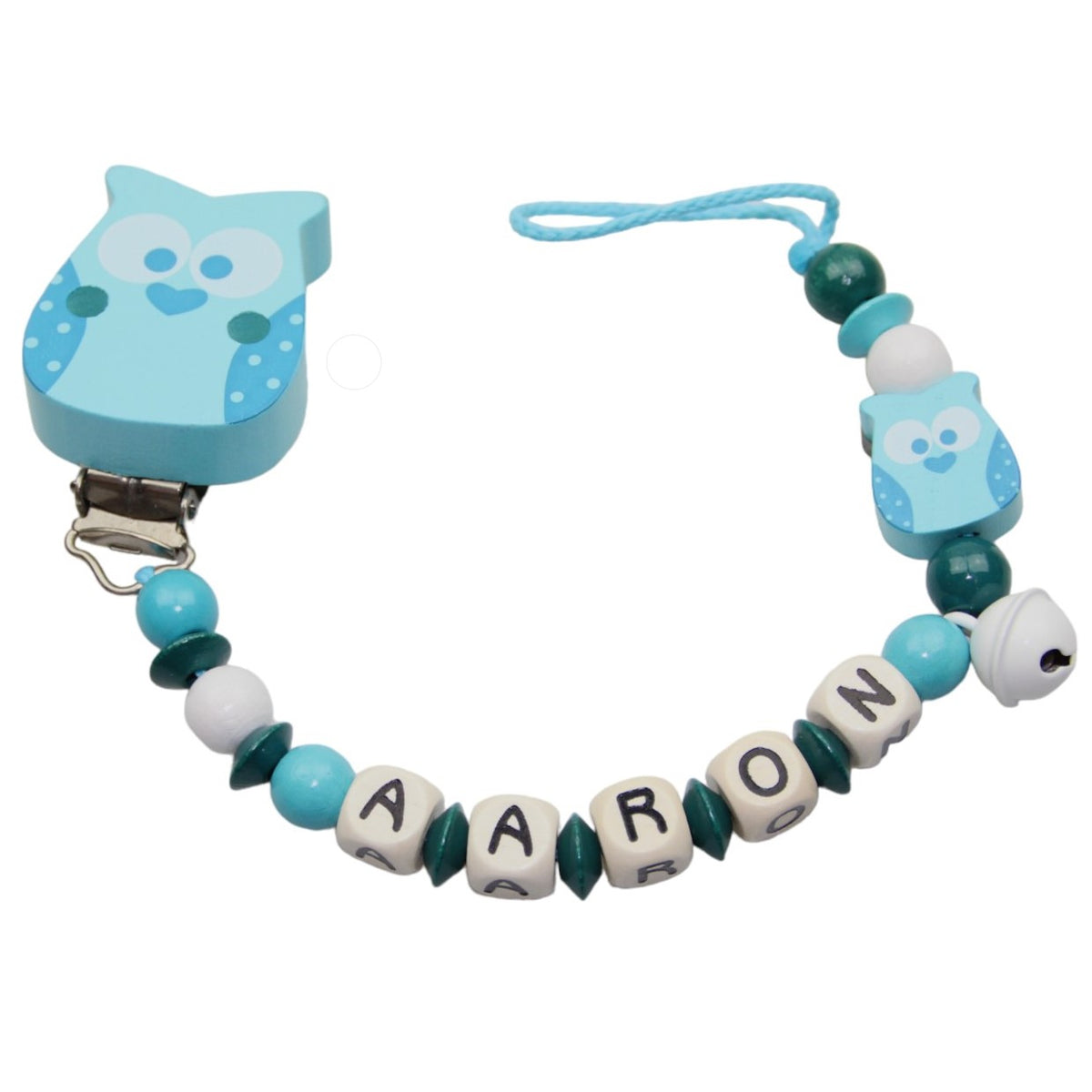 Nuggikette with name owl turquoise:white