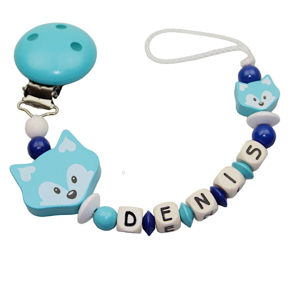 Baby pacifier chain with name fox duo turquoise