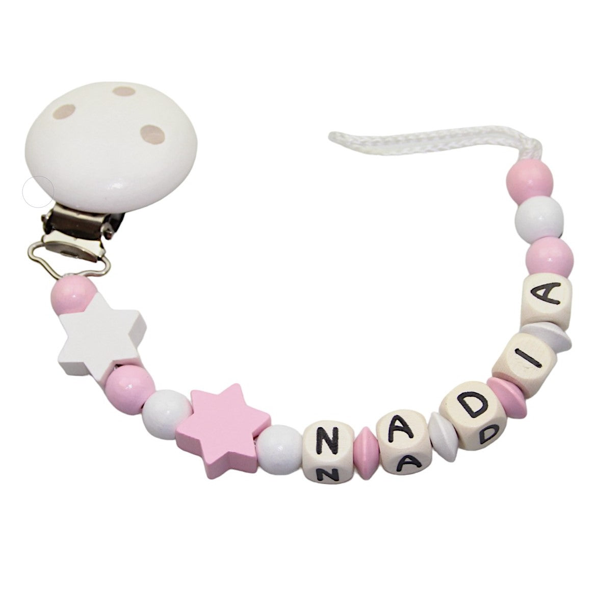 Baby pacifier chain with name star pastel pink:white