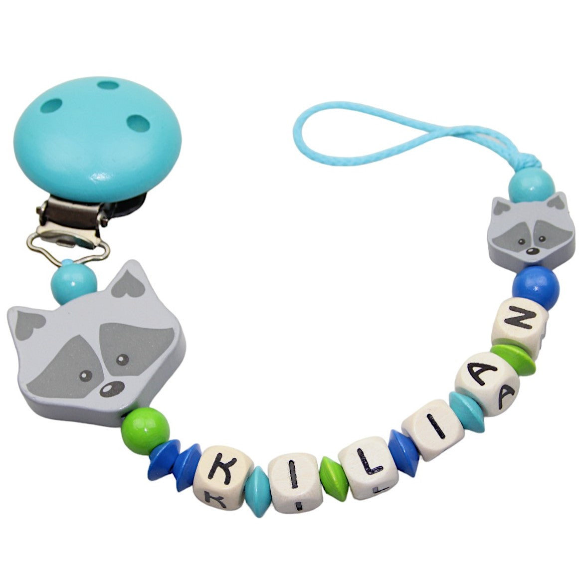 Baby pacifier chain with name raccoon blue:green:turquoise