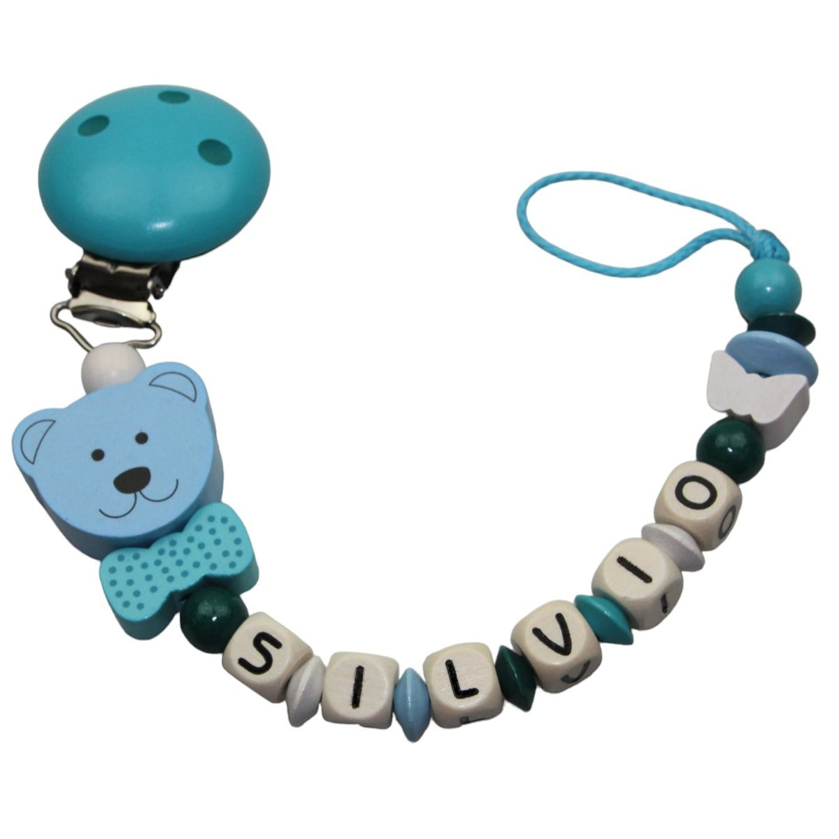 Baby pacifier chain with name bear pastel blue:turquoise