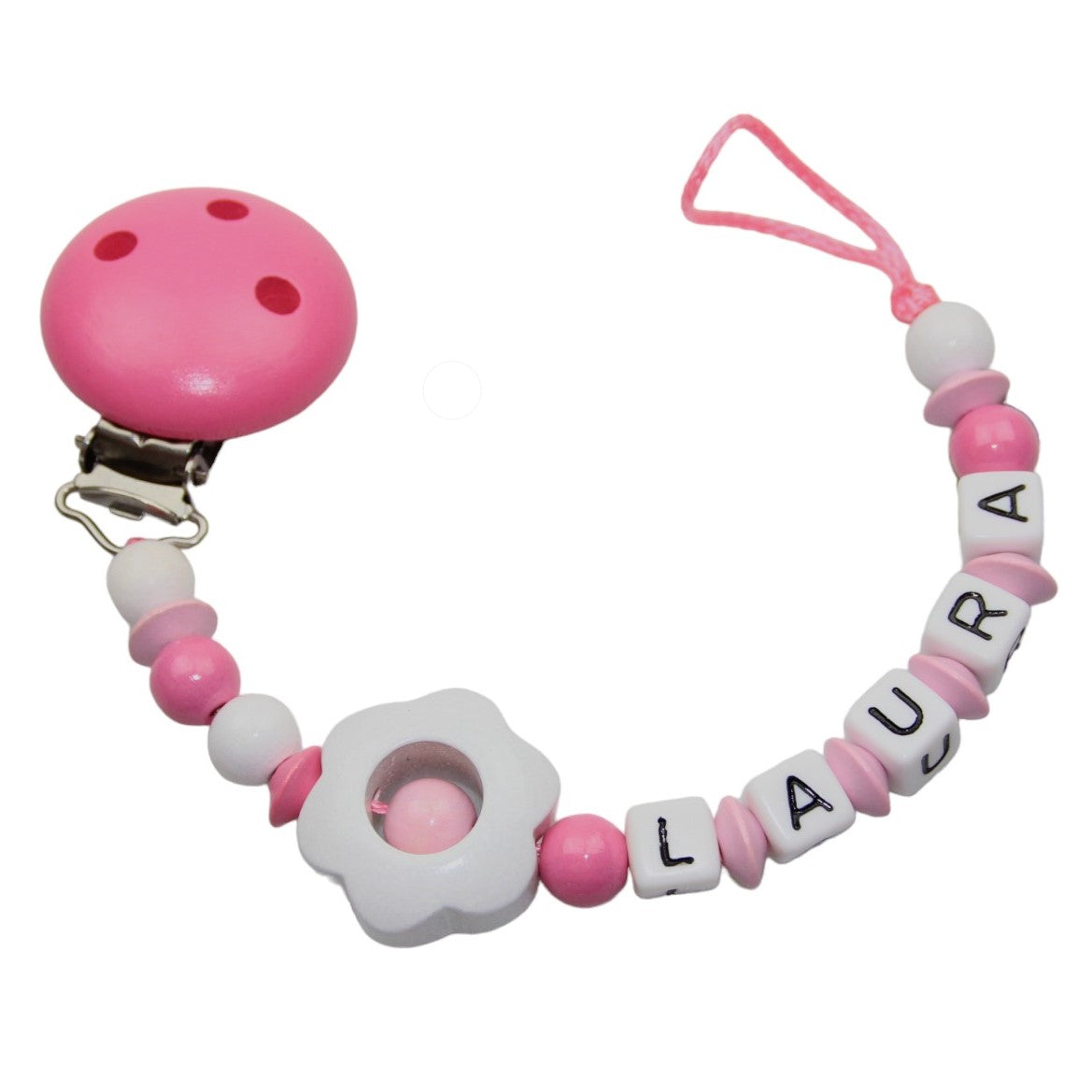 Baby pacifier chain with name Lochblume pink:white