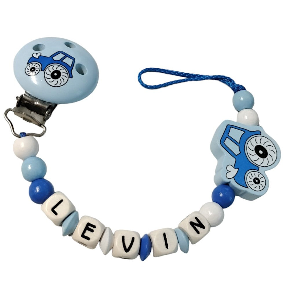 Baby pacifier chain with name tractor medium blue:white