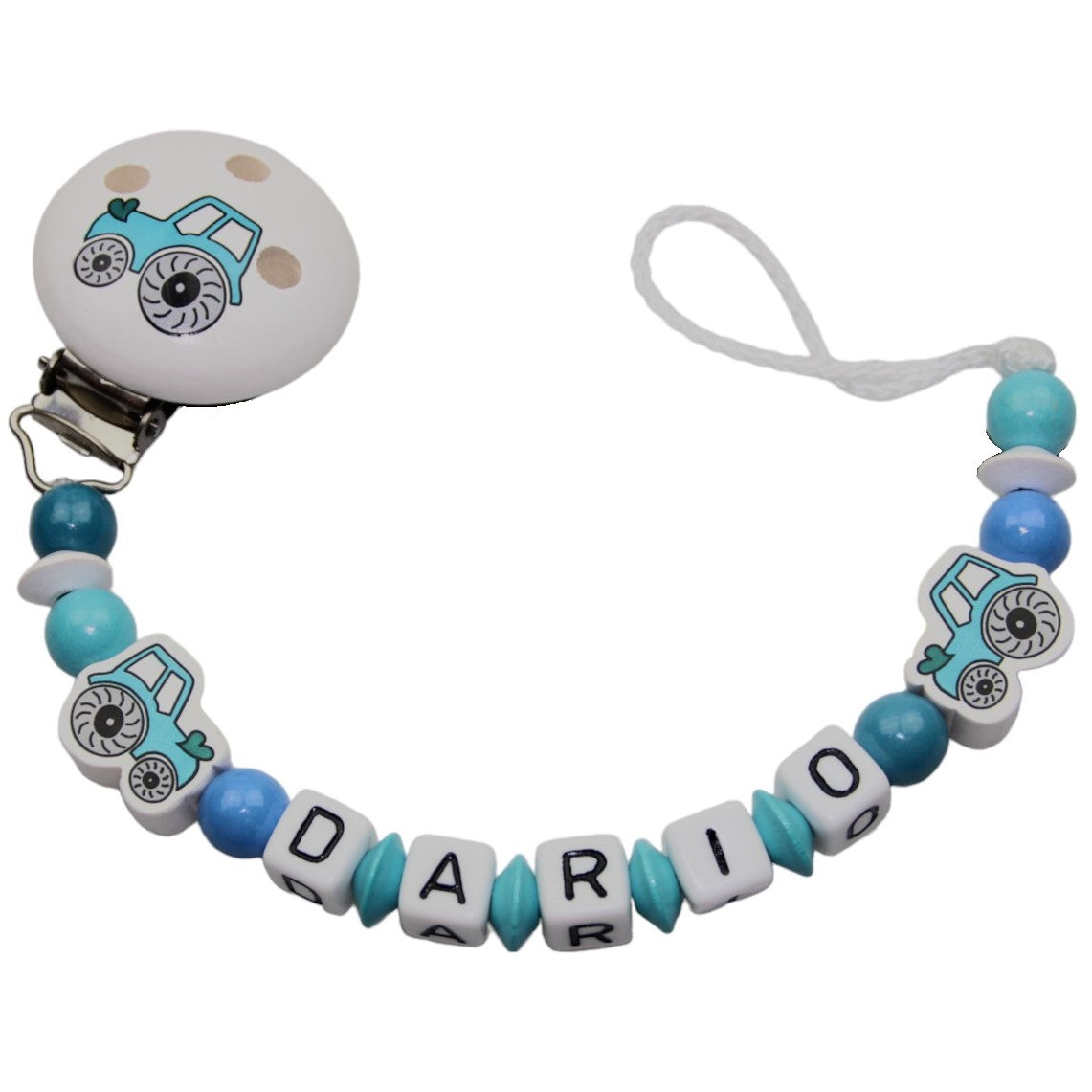 Baby pacifier chain with name tractor white:turquoise