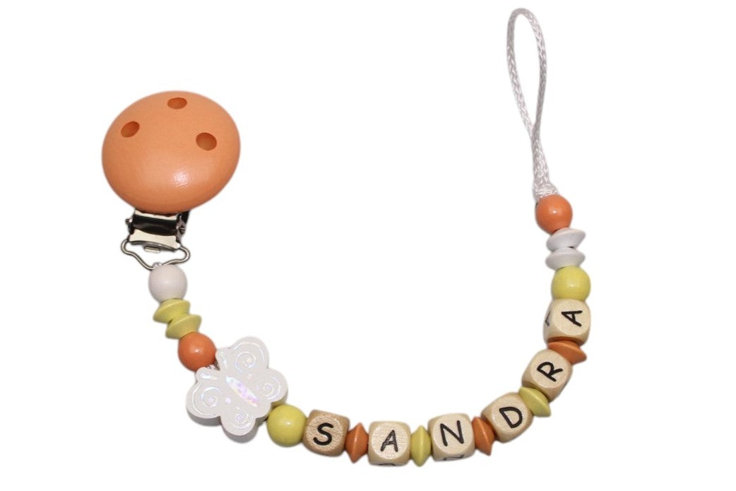 Baby pacifier chain with name glitter butterfly pastel pink:white