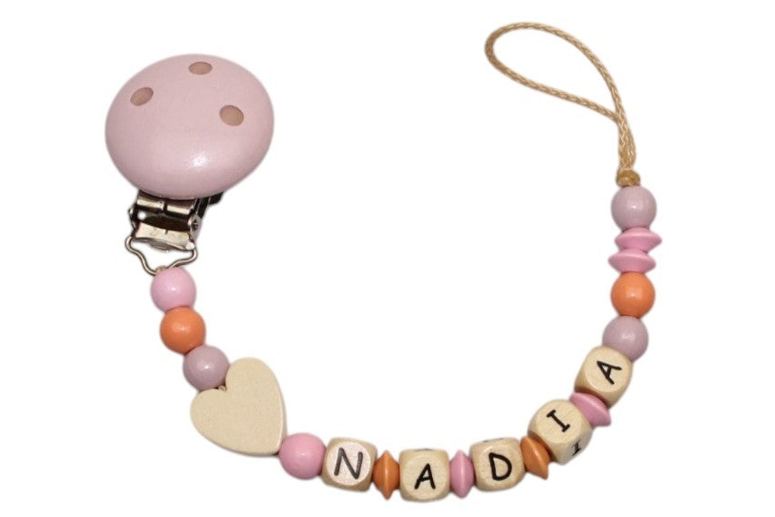 Baby pacifier chain with name heart peach:nature