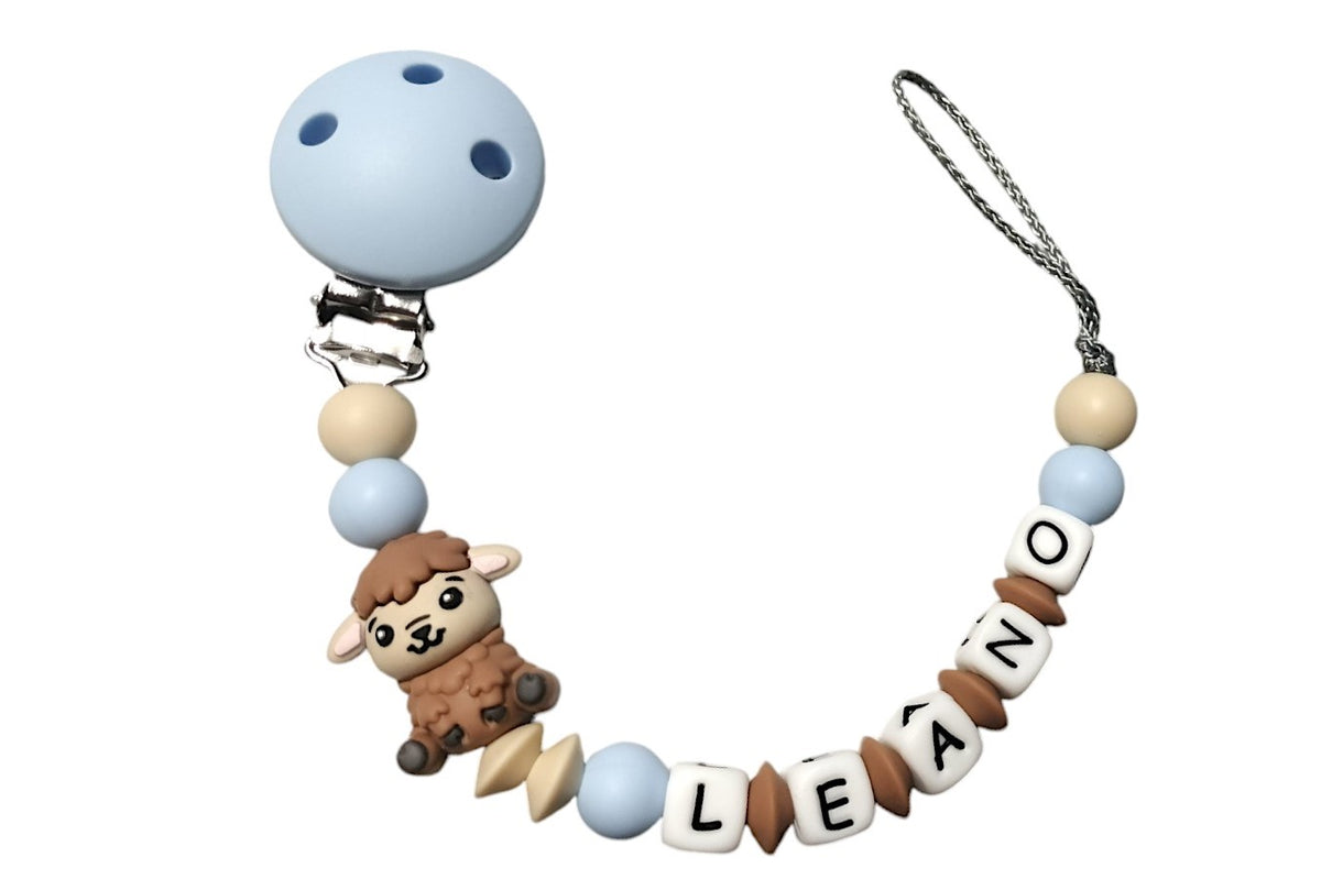 Nuggikette Silikon mit Name 3D Schaf pastellblau:camel