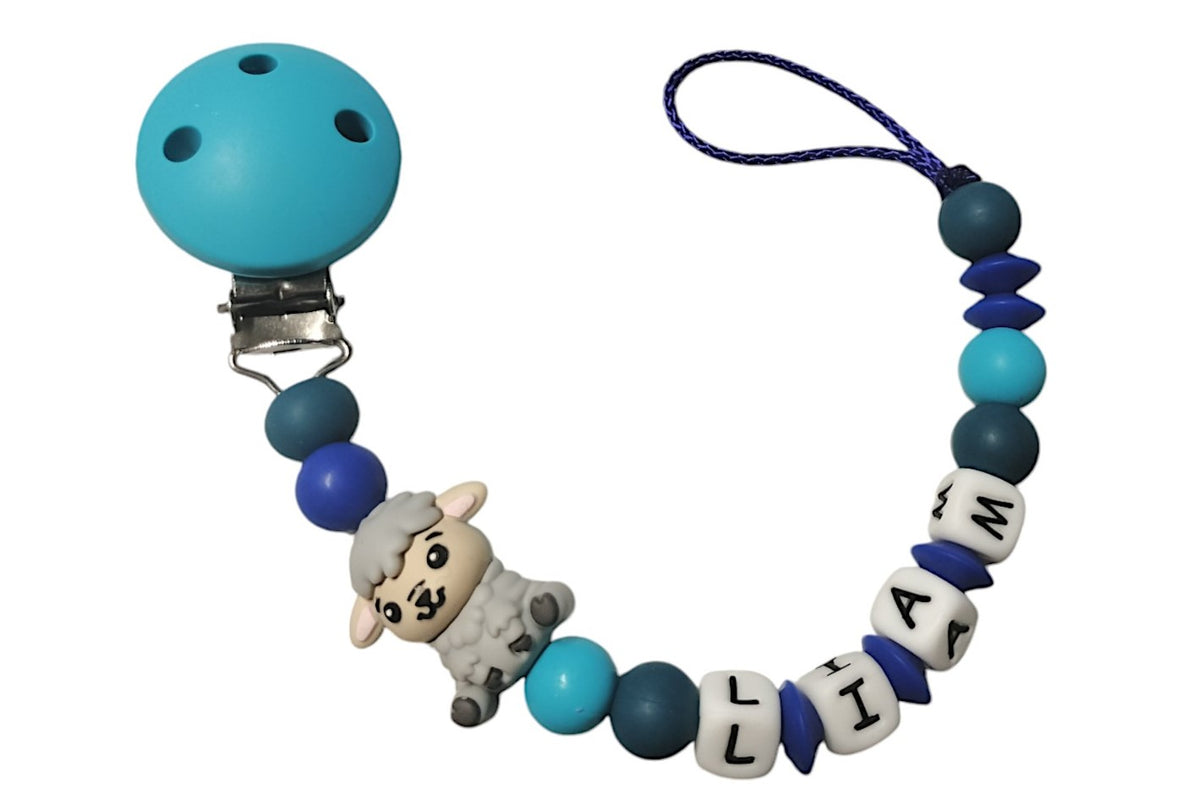 Silicone pacifier chain with name 3D sheep scuba blue:petrol