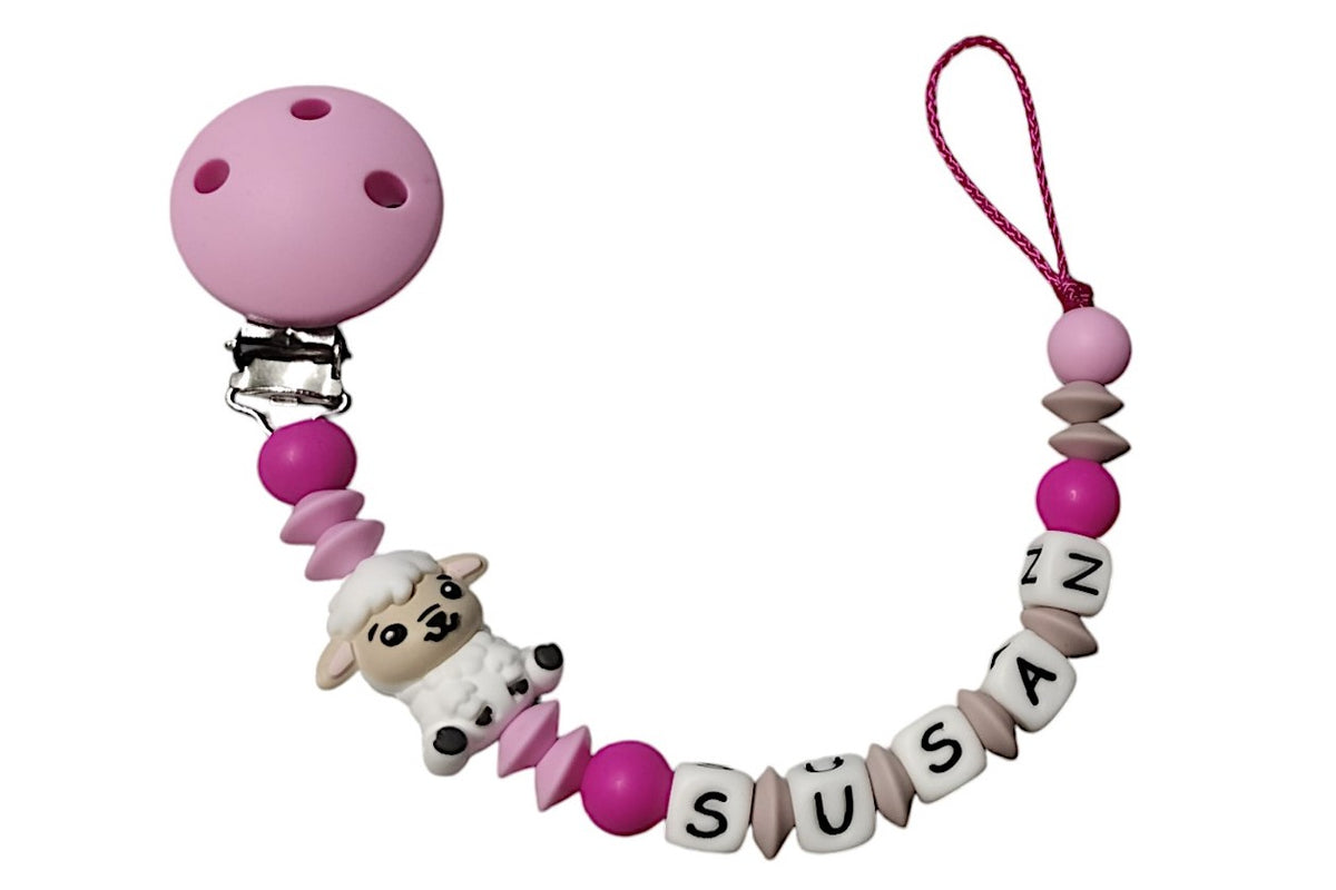 Silicone pacifier chain with name monkey pastel pink:light gray