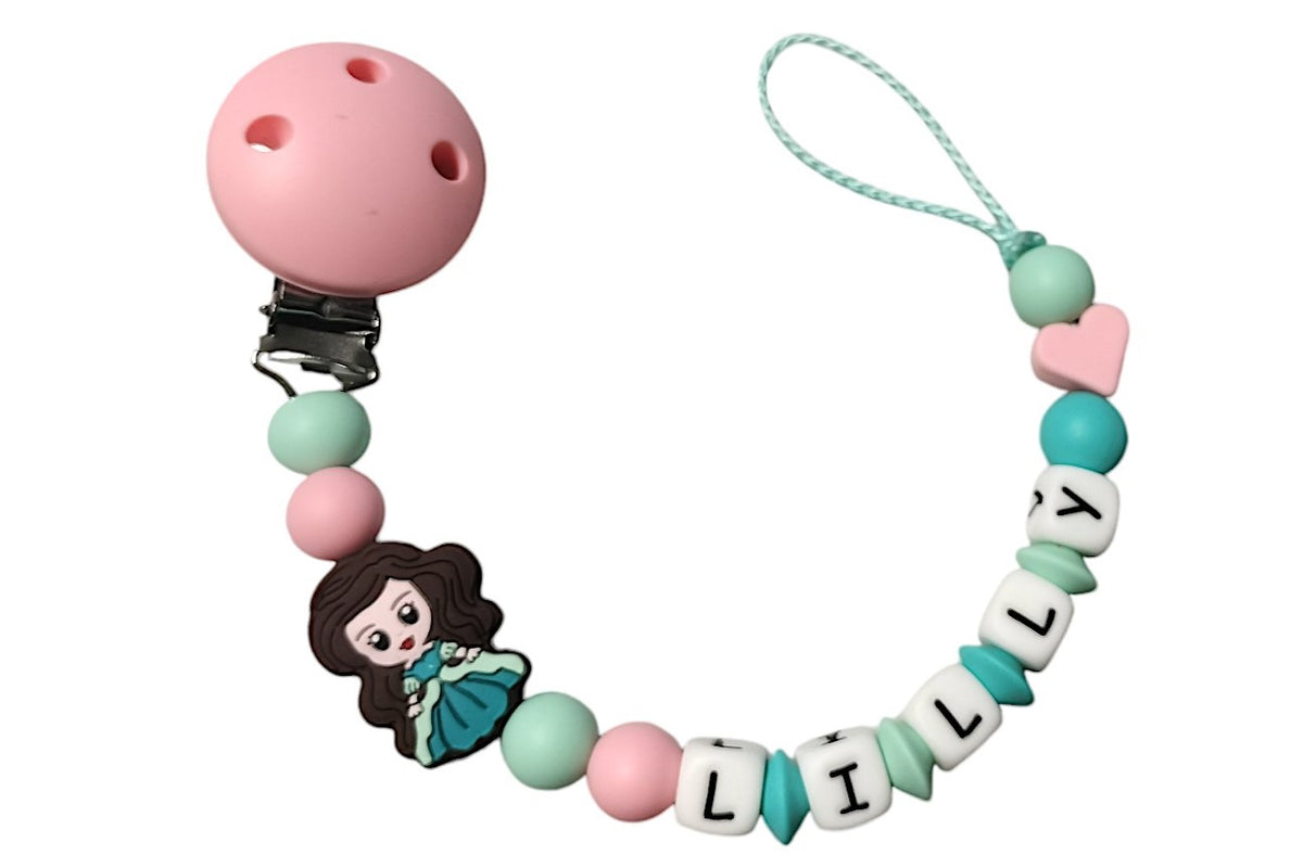 Silicone pacifier chain with princess name pastel pink:mint