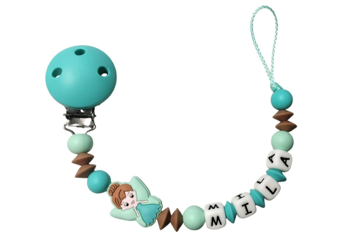 Silicone pacifier chain with name fairy turquoise:mint