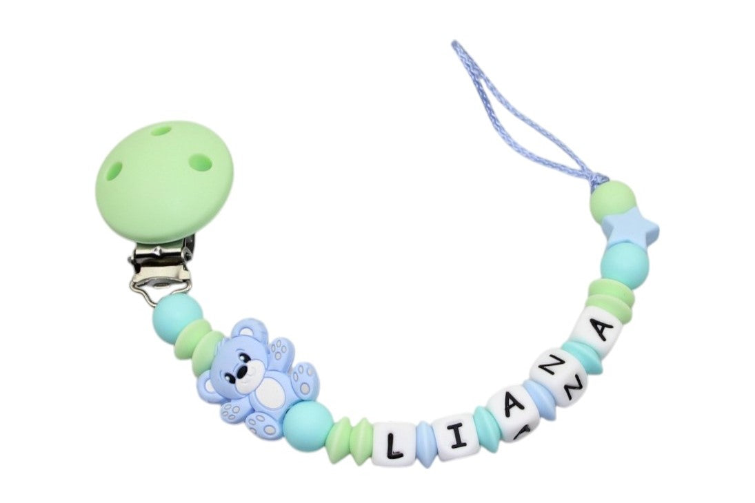 Silicone pacifier chain with name Teddy pastel blue:light green