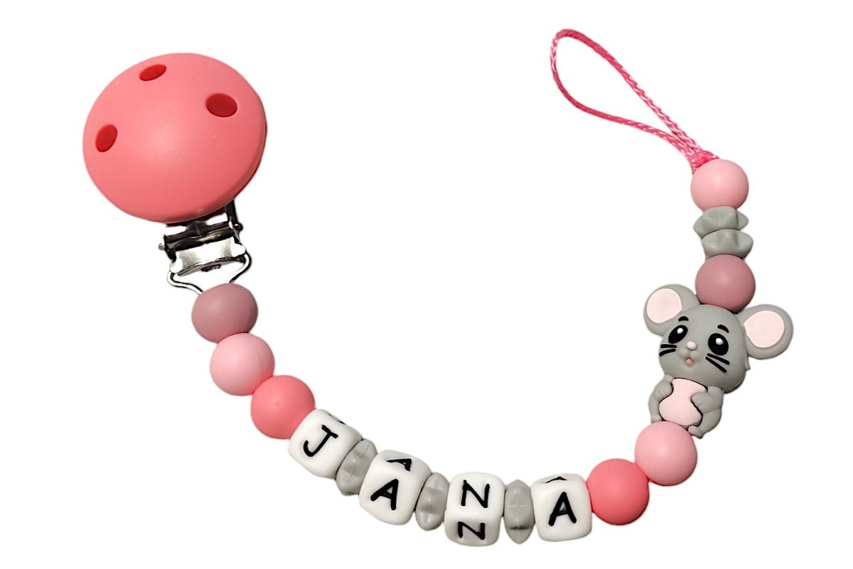 Silicone pacifier chain with name monkey pastel pink:light gray