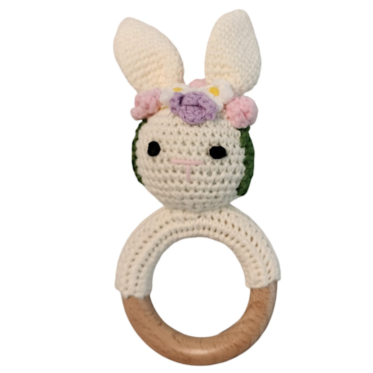 Hochet haut avec une bague en bois et des fleurs de lapin