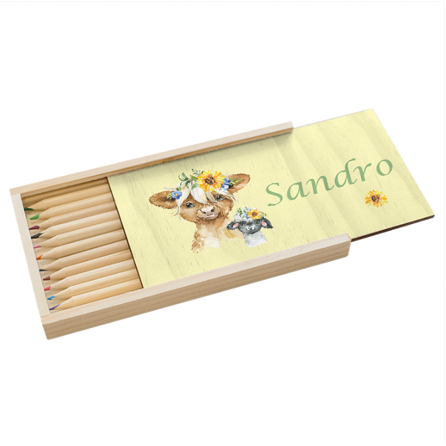 Highland animals wooden pencil box