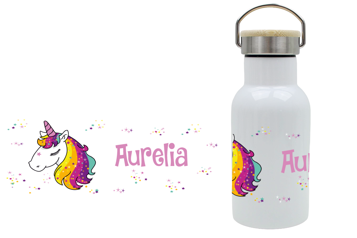 Thermoflasche Bambusdeckel 340ml Einhornkopf Sternchen