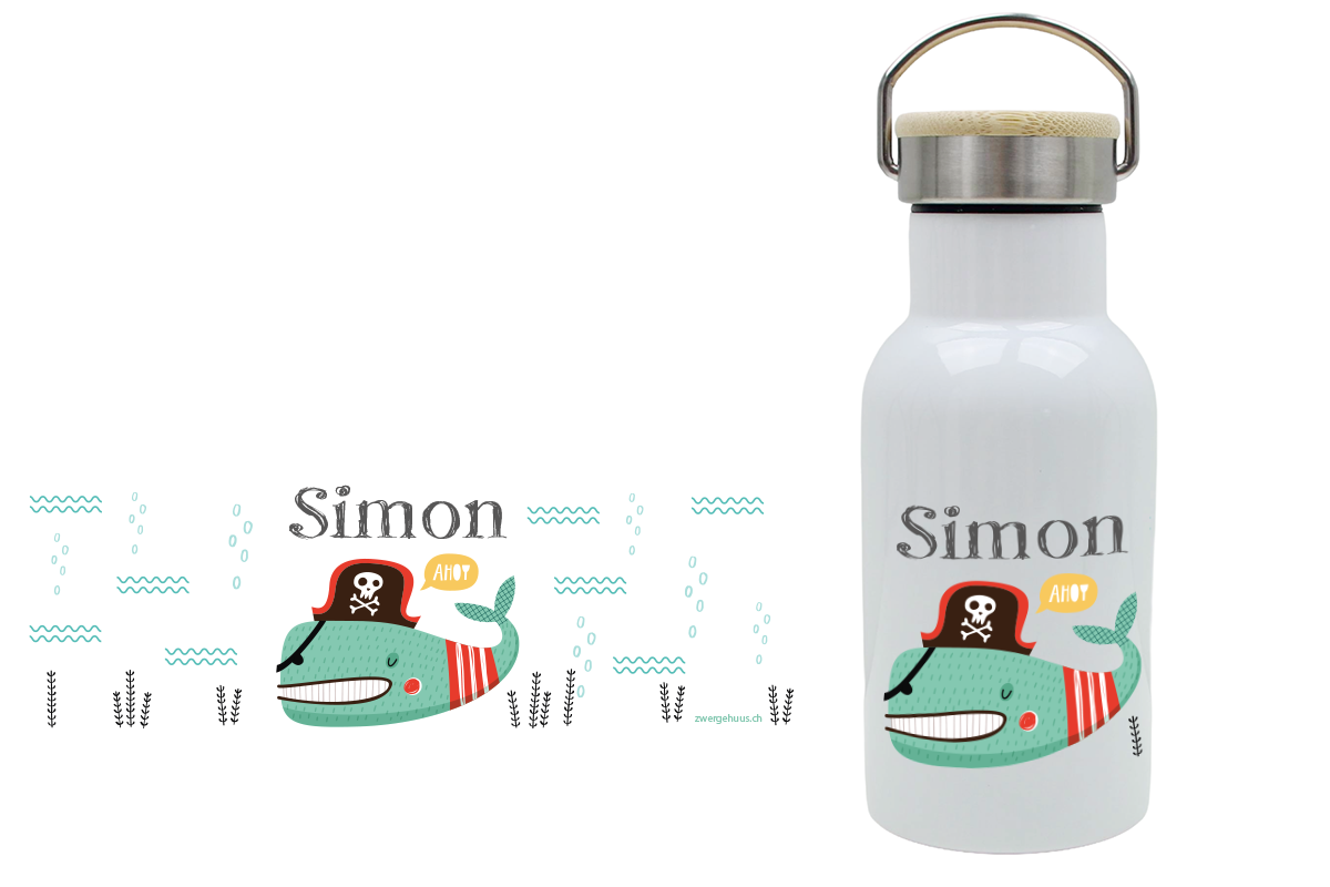 Thermoflasche Bambusdeckel 340ml Piratenfisch
