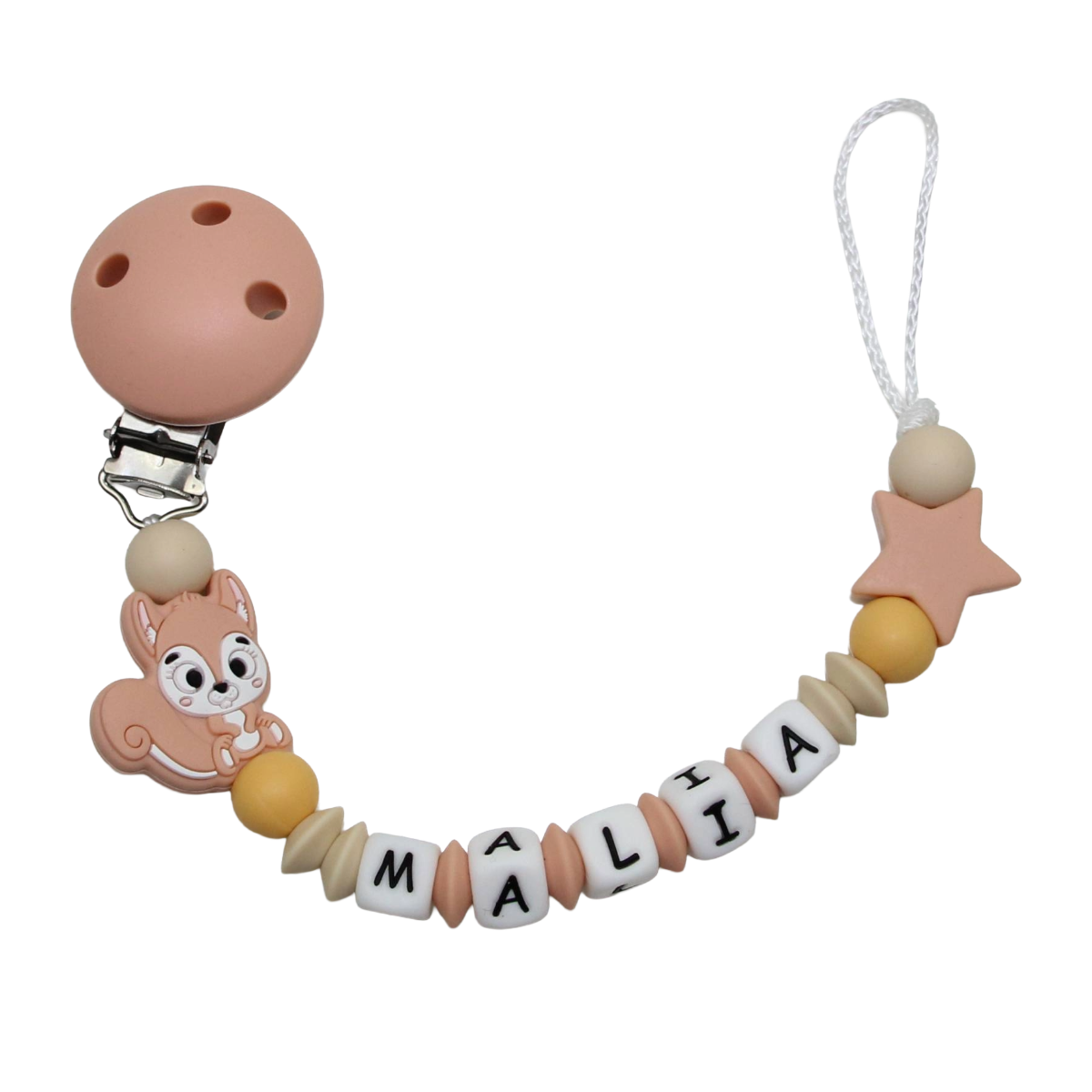 Nuggikette Silicone avec nom Squirrel Peach: Moutarde Jaune
