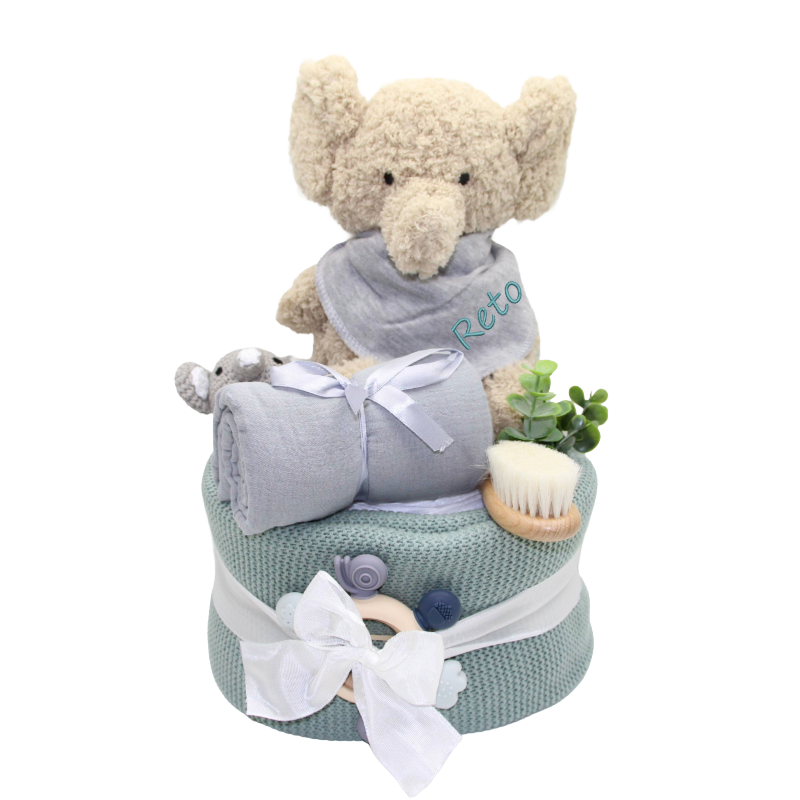 Personalisierte Windeltorte mit Strickdecke Elefanten-Kuscheltier