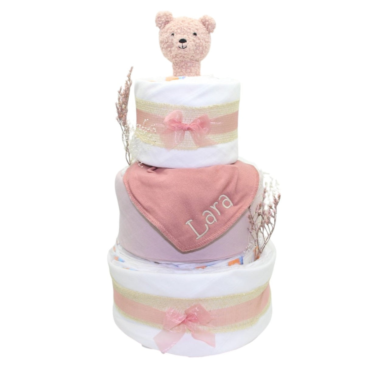 Windeltorte mit Rassel rosebraun:weiss