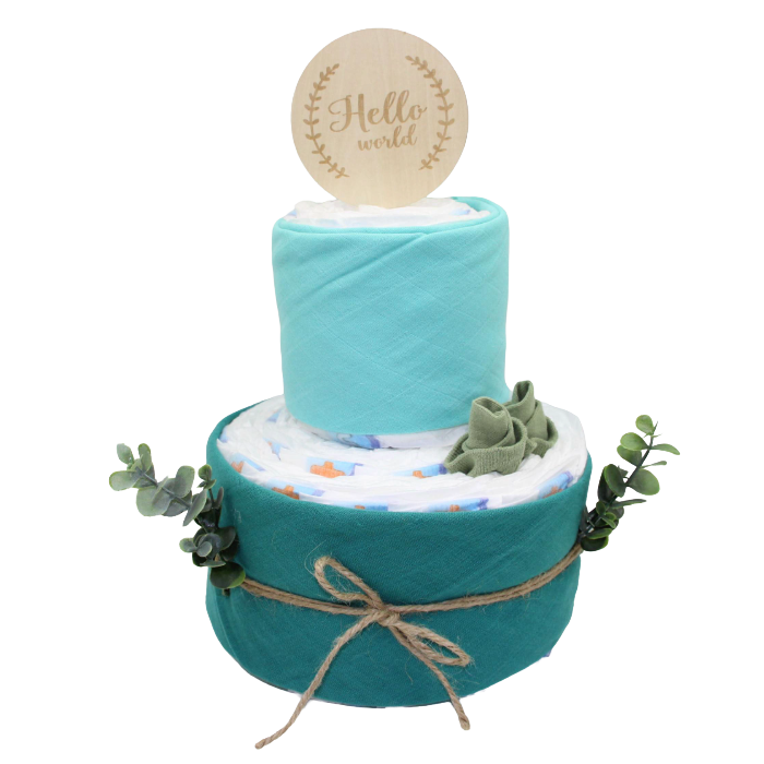 Diaper cake "Hello world" turquoise tones