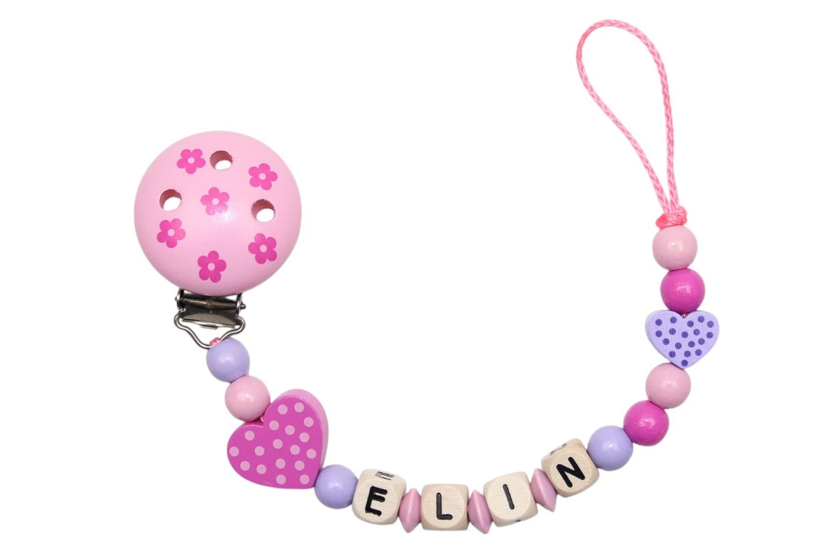 Nuggikette mit Name Tupfenherzchen flieder:pastellrosa