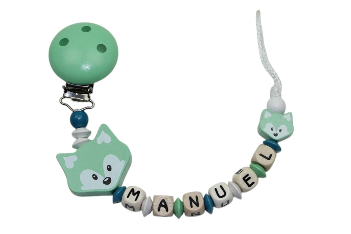 Baby pacifier chain with name fox duo mint:dark turquoise