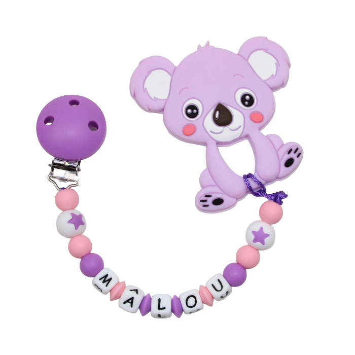 Silicone pacifier chain with name star beads and koala pendant