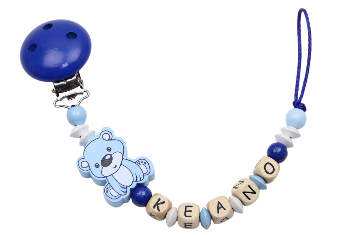 Baby pacifier chain with name teddy bear pastel blue