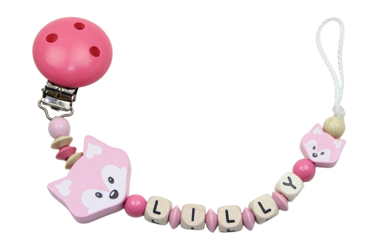 Baby pacifier chain with name fox duo pastel pink:pink