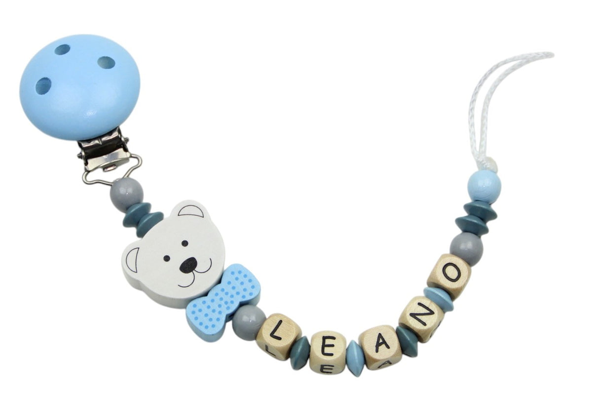 Nuggi chain with name bear:star pastel blue:gray