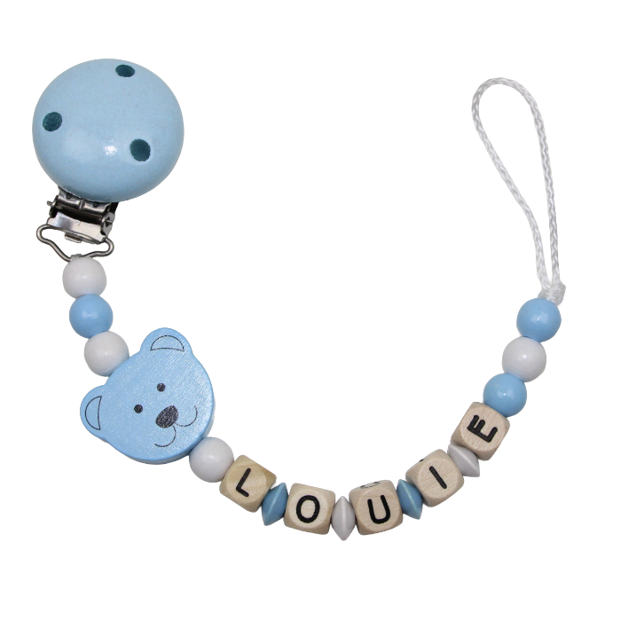 Nuggikette with name bear pastel blue:white