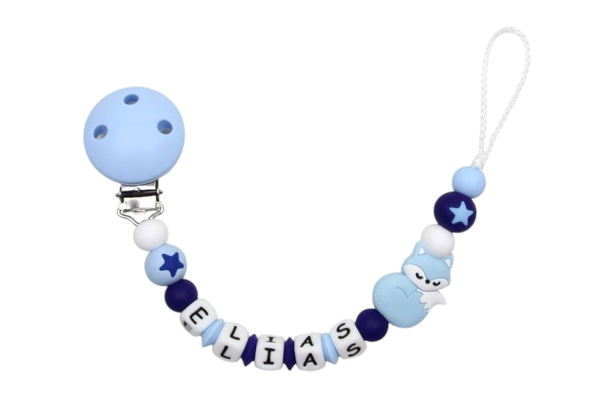 Nuggikette Silikon mit Name Fuchs pastellblau