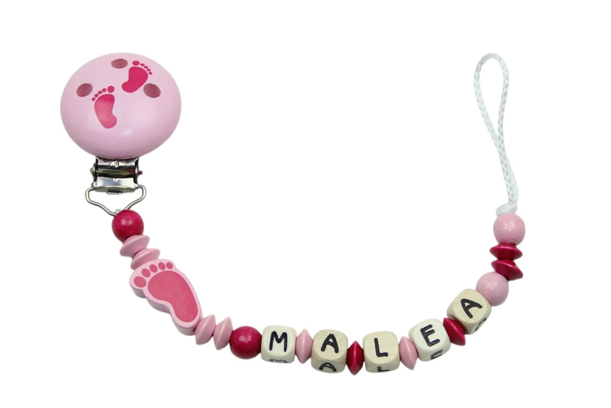 Baby pacifier chain with name feet geranium pink:lilac