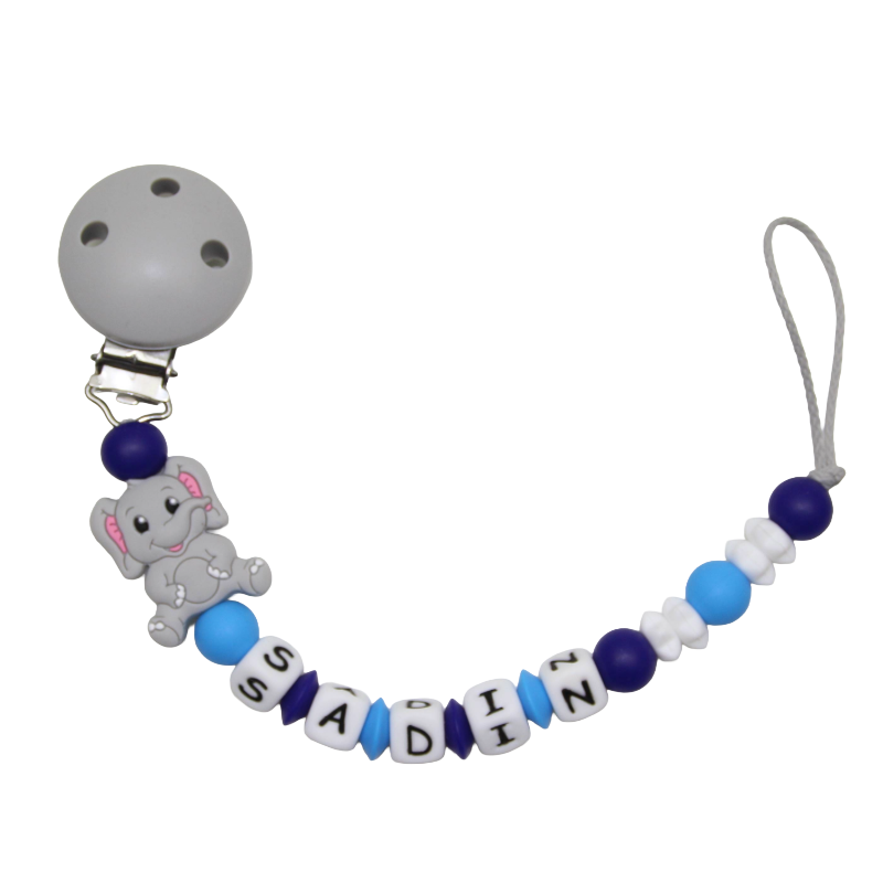 Nuggikette Silikon mit Name Elefant hellblau:grau