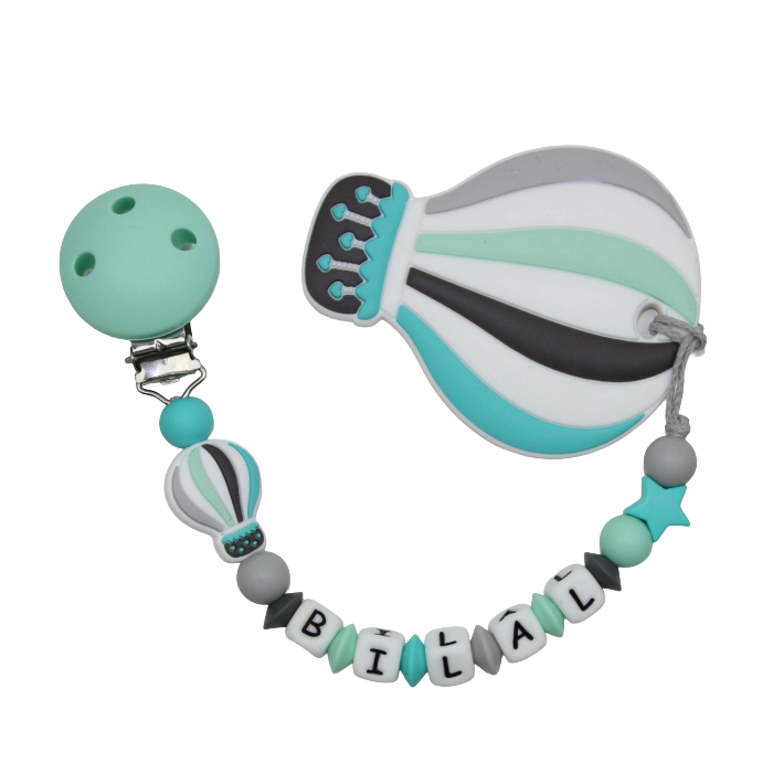 Nuggikette Silikon mit Name und Anhänger Ballon mint:grau
