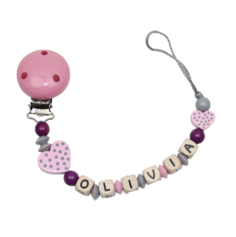 Nuggikette mit Name Tupfenherzchen pastellrosa:dunkelviolett