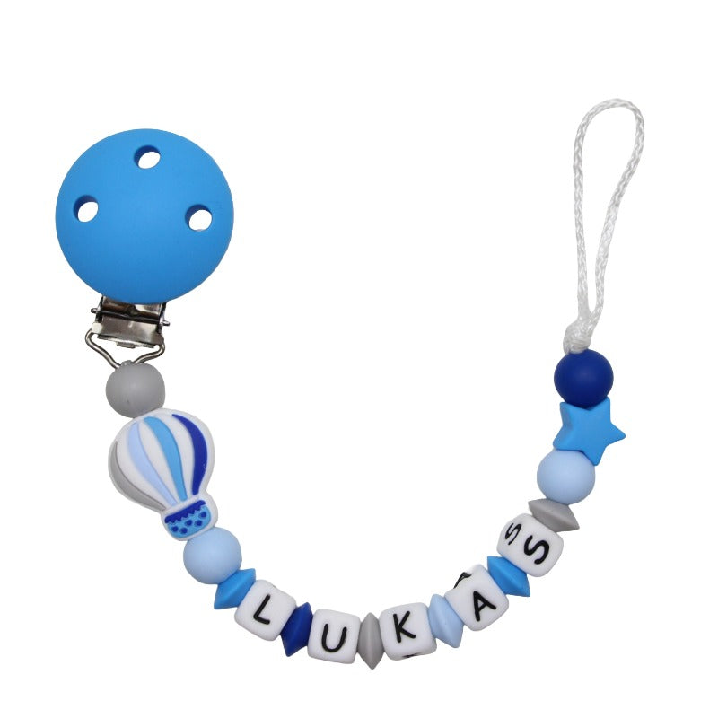 Nuggikette Silikon mit Name Heissluftballon hellblau:grau