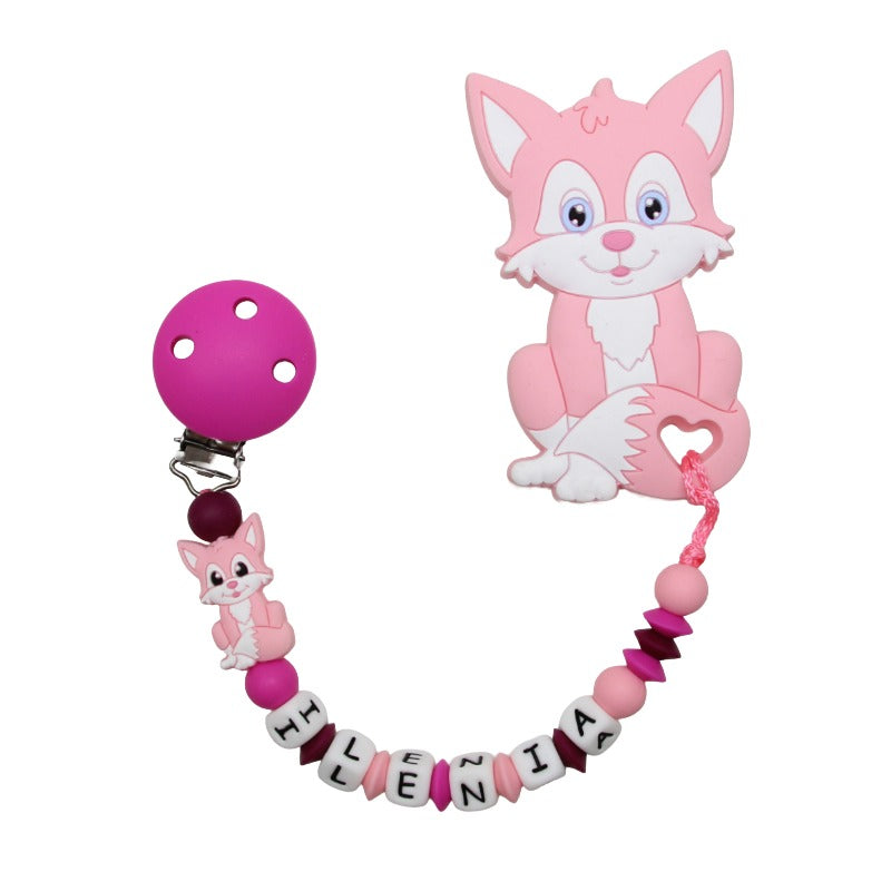 Silicone pacifier chain with name and fox pendant dark pink