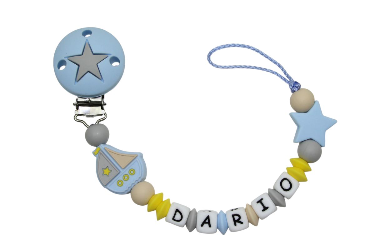Silicone pacifier chain with name sailing ship pastel blue