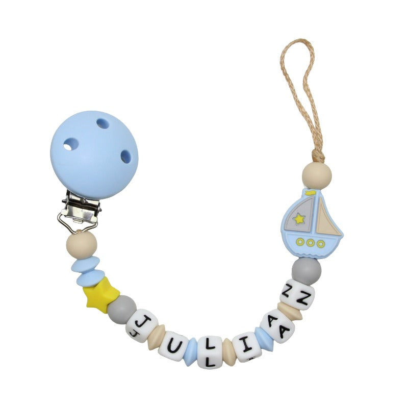 Nuggikette Silikon mit Name Segelschiff pastellblau